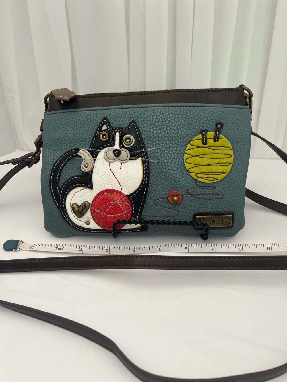 Chala Teal Crossbody Bag with Cat and Yarn Appliqué